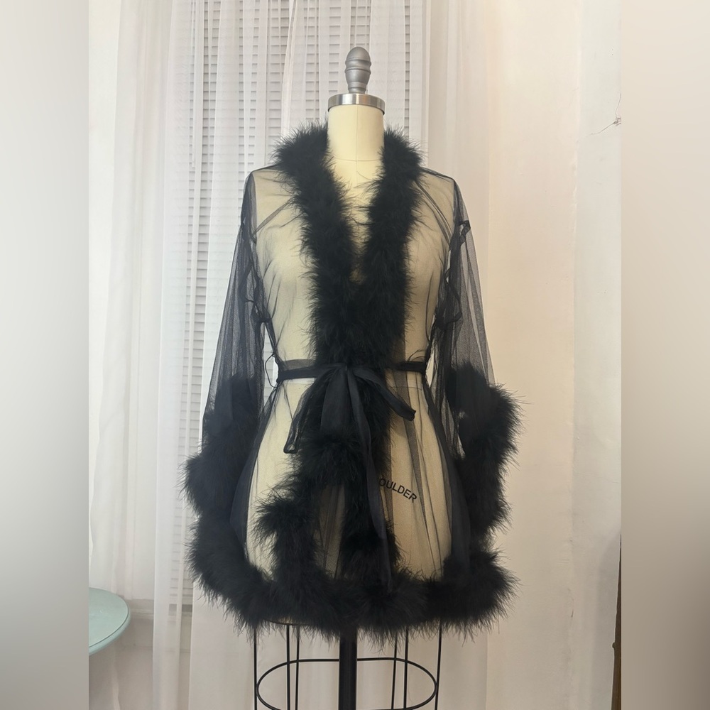 Savage X Fenty Black Sheer Robe with Feather Trim